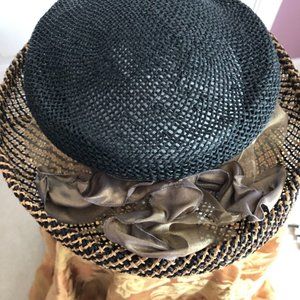 Ladies Blue Straw Hat With Gray Bow